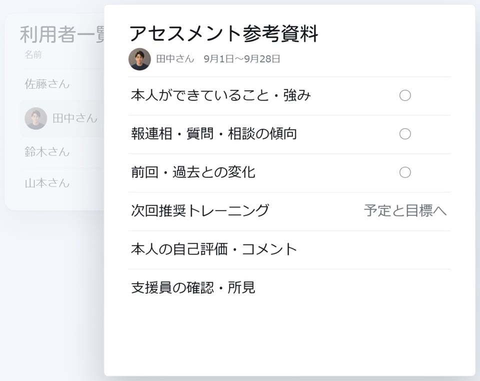 支援員の画面。利用者一覧から田中さんを選び、アセスメント参考資料を開いたところ